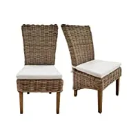meubletmoi lot de 2 chaises tressées en kubu naturel de salle à manger - style osier rotin exotique classique chic - bora-bora