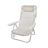 aktive beach - chaise pliante basse avec dossier haut réglable et poignée. chaise de plage, jardin ou camping avec accoudoirs et coussin appui-tête, beige