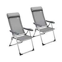 casaria 2x chaises de jardin pliantes gris en aluminium avec accoudoirs dossier haut réglable en 7 positions plage piscine camping