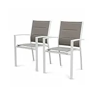 alice's garden - lot de 2 fauteuils chicago - aluminium blanc et textilène taupe. empilables