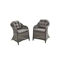 alice's garden - lot de 2 fauteuils en résine tressée arrondie - lecco gris - coussins beiges. chaises. structure aluminium