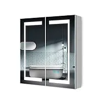quavikey® armoire de toilette avec lumière et prise rasoir 2 portes armoire à pharmacie grise à fixation murale avec étagère 3 lumières de couleur et fonctions de désembuage 630 x 650mm