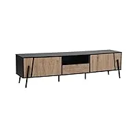 beliani meuble tv au design industriel et minimaliste avec structure en métal noir 2 portes d'un tiroir effet bois clair pour salon ou chambre