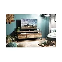 macabane alida - meuble tv marron 3 tiroirs teck recyclé acacia mahogany recyclé et métal noir