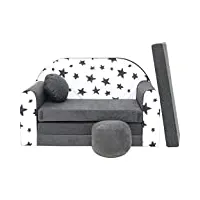 pro cosmo canapé lit avec pouf pour enfants ac1 - gris - etoiles - 168 x 98 x 60 cm