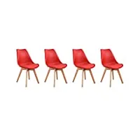 happy garden lot de 4 chaises de salle à manger style scandinaves nora rouges avec coussin, chaises de cuisine, chaises rembourrées, pieds en bois de hêtre massif
