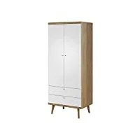 e-meubles armoire avec 2 tiroirs blanc chêne riviera penderie (tringle) 2 portes pivotantes pieds en bois style scandinave moderne (lxhxp) 80x197x56 - rubin rsz80
