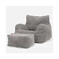 lounge pug, pouf fauteuil design avec repose-pied, poire, pompon anthracite