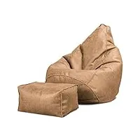 lounge pug, pouf fauteuil gamer avec repose-pied, poire, cuir vintage marron clair