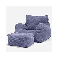 lounge pug, pouf fauteuil design avec repose-pied, poire, pompon violet