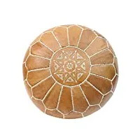 essence of morocco pouf en cuir marocain couleur naturelle repose-pied pouffe rond fait main avec motif brodé version housse non rembourrée