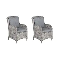 set 2 chaises fauteuils de jardin en rotin gris avec coussins assortis pour salon extérieur ou terrasse au style campagne ou traditionnel beliani