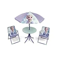 arditex wd12996 ensemble de table (50 x 50 x 48 cm) avec 2 chaises (38 x 32 x 53 cm) et parasol (diamètre 110 cm) motif la reine des neiges ii de disney