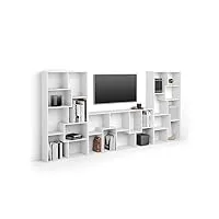 mobili fiver, meuble tv mural iacopo, frêne blanc, 321 cmx28 cmx160.8 cm, meuble tv design pour tv jusqu'à 65'' tv, made in italy