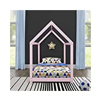 [en.casa] lit enfant design maison cadre structure lit bois blanc cabane 206 x 98 x 142 cm rose