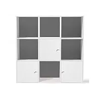 idmarket - meuble de rangement cube rudy 9 cases bois blanc avec 3 portes fond gris