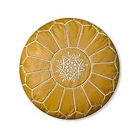 pouf artisanal marocain en cuir véritable fait main - vendu rembourré - repose-pied, coussin de sol, ottoman (jaune)