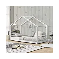 lit d'enfant lit cabane design maison avec sommier à lattes pin et placage bois blanc mat 206x98x142cm