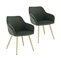 lestarain lot de 2 chaise de salle à manger fauteuil de salle à manger en velours et métal,fauteuil scandinave chaise de cuisine,vert foncé
