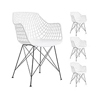 idimex lot de 4 chaises alicante pour salle à manger ou cuisine au design retro avec accoudoirs, coque en plastique blanc et 4 pieds croisé en métal laqué noir