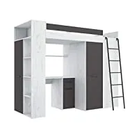 furniturebyjdm lit mezzanine avec bureau, armoire et bibliothèque - verana droit - (artisanat blanc - graphite)