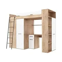 furniturebyjdm lit mezzanine avec bureau, armoire et bibliothèque - verana gauche - (chêne sonoma - blanc)