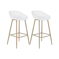 idimex lot de 2 tabourets de bar irek chaise haute pour cuisine ou comptoir au design retro avec accoudoirs, en plastique blanc et métal décor bois, hauteur d'assise 75 cm