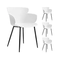 idimex lot de 4 chaises catch pour salle à manger ou cuisine au design retro avec larges accoudoirs, coque en plastique blanc et 4 pieds en métal laqué noir