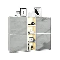 vladon highboard cuba v3, blanc mat/aspect béton oxyde y compris led - buffet moderne à 12 compartiments (130,5 x 105,5 x 35,5 cm)