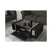 vente-unique - table basse avec 1 porte et 2 niches - effet marbre noir, naturel foncé et doré - cadeba ii