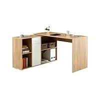 idimex bureau d'angle carmen table avec meuble de rangement intégré et modulable avec 4 étagères 1 porte et 1 tiroir, décor chêne sauvage et blanc mat