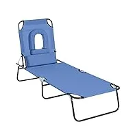 outsunny bain de soleil pliable transat inclinable 4 positions chaise longue de lecture 3 coussins fournis bleu