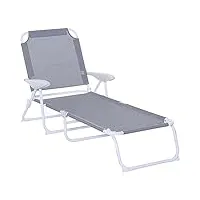 outsunny bain de soleil pliable - transat inclinable 4 positions - chaise longue grand confort avec accoudoirs - métal époxy textilène - dim. 186l x 66l x 80h cm - gris clair