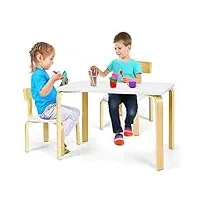 costway table enfant avec chaise en bois, table activités avec dossier incurvé ergonomique pour manger, jouer, dessiner à l’intérieur, idéalpour enfans 3-12 ans (blanc)