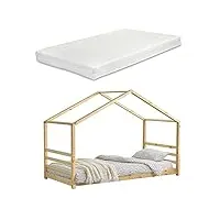 lit d'enfant design maison avec matelas lit cabane pin feuille de placage mousse à froid housse 100% polyester couleur bois naturel et blanc 90x200cm