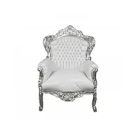 fauteuil baroque de luxe en bois, feuille argentée, cuir blanc.