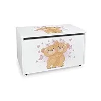 leomark coffre de rangement pour enfants - ours amoureux - organisateur à jouets en bois, conteneur à jouets, banc réglable, sur roulettes, dimensions: l 71 x p 40 x h 46 cm