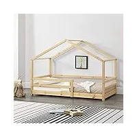 lit d'enfant maison avec barreaux de sécurité pin naturel 80 x 160 cm bois naturel