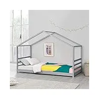 [en.casa] lit d'enfant design maison lit cabane pin contreplaqué solide robuste 90 x 200 cm gris mat laqué
