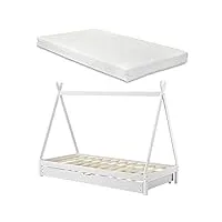 [en.casa] lit d'enfant tipi gigogne tiroir-lit à sommier à lattes avec matelas mousse à froid bois de pin 200 x 90 cm blanc mat laqué