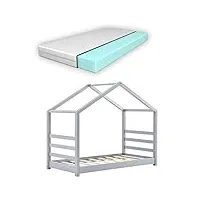 [en.casa] lit d'enfant maison cabane à sommier à lattes avec matelas mousse à froid bois de pin 70 x 140 cm gris mat laqué