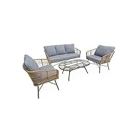 alice's garden - salon de jardin bas 5 places ubud – ensemble canapé 3 places et 2 fauteuils avec une table. résine tressée effet rotin. coussins gris clair chiné