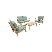 alice's garden - salon de jardin en bois 4 places - ushuaïa - coussins vert de gris. canapé. fauteuils et table basse en acacia. design