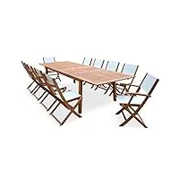alice's garden - salon de jardin en bois extensible - almeria - grande table 200/250/300cm avec 2 rallonges. 2 fauteuils et 8 chaises. en bois d'eucalyptus huilé et textilène blanc