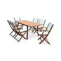 alice's garden - salon de jardin en bois extensible - almeria - table 120/180cm avec rallonge. 2 fauteuils et 4 chaises. en bois d'eucalyptus huilé et textilène blanc