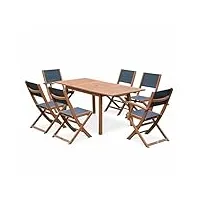 alice's garden - salon de jardin en bois extensible - almeria - table 120/180cm avec rallonge. 2 fauteuils et 4 chaises. en bois d'eucalyptus huilé et textilène anthracite