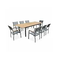 alice's garden - salon de jardin en bois sevilla aluminium extensible table200/250cm avec rallonge. 8 fauteuils. en aluminium. bois d'eucalyptus huilé et textilène gris taupe