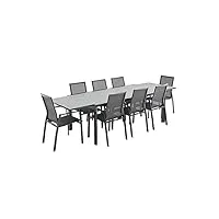 alice's garden - salon de jardin table extensible - washington gris foncé - table en aluminium 200/300cm. plateau en verre dépoli. rallonge et 8 fauteuils en textilène