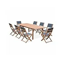 alice's garden - salon de jardin en bois extensible - almeria - table 180/240cm avec rallonge. 2 fauteuils et 6 chaises. en bois d'eucalyptus huilé et textilène gris anthracite