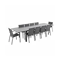 alice's garden - salon de jardin table extensible - odenton anthracite - grande table en aluminium 235/335cm avec rallonge et 10 assises en textilène